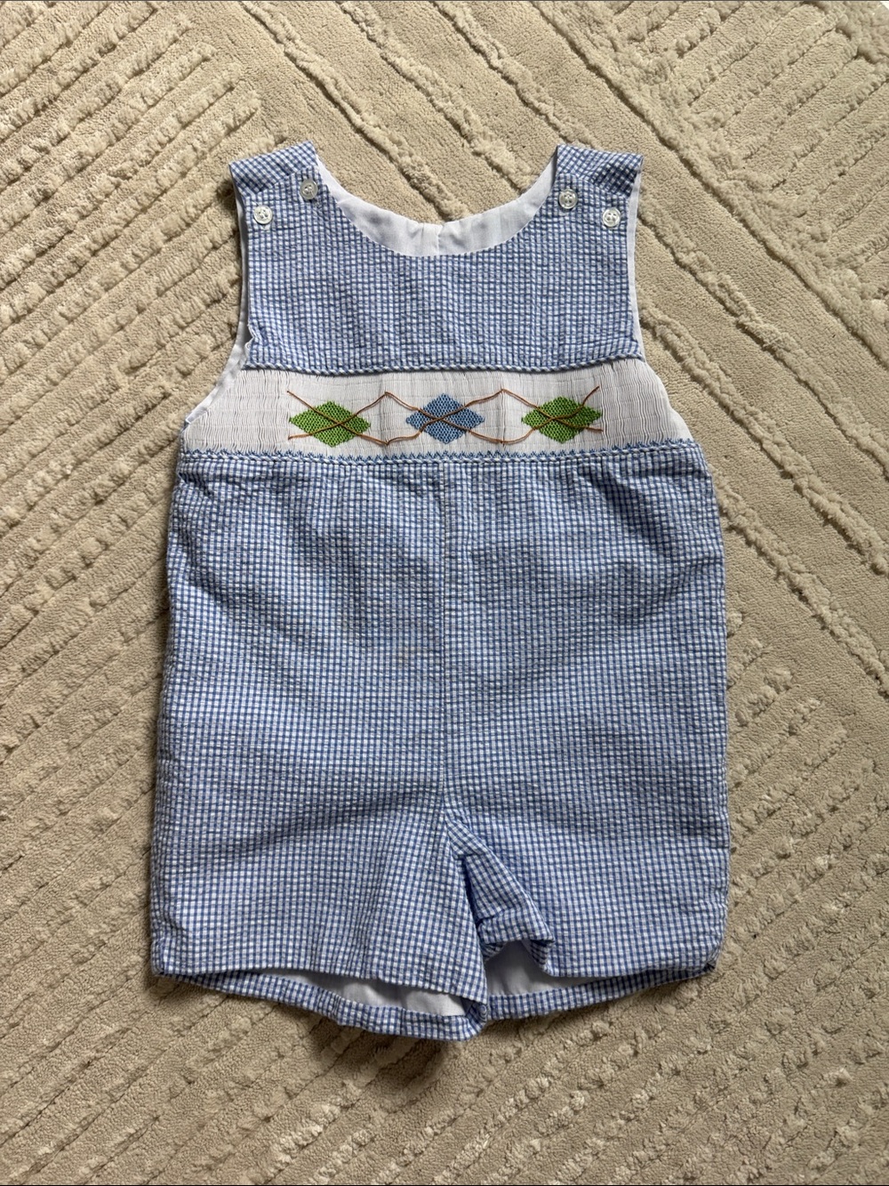 Jette Blue and White Gingham Smocked Argyle One-Piece